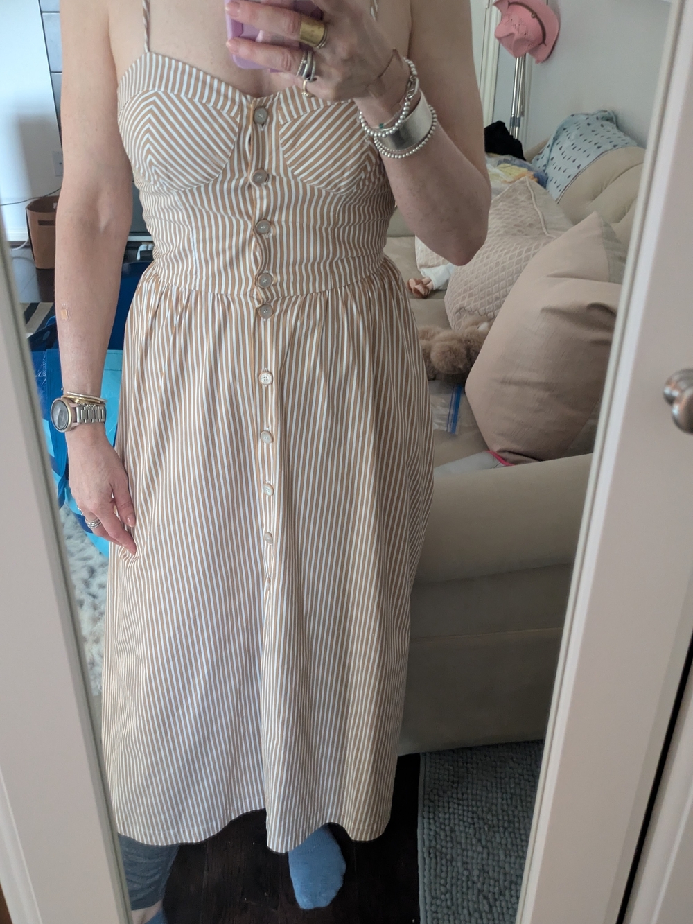 Claudi Pierlot Striped Button-Front Midi Dress in Beige and White